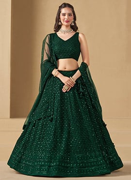 Green Georgette Sequins Thread Embroidered Umbrella Lehenga Wedding Wear