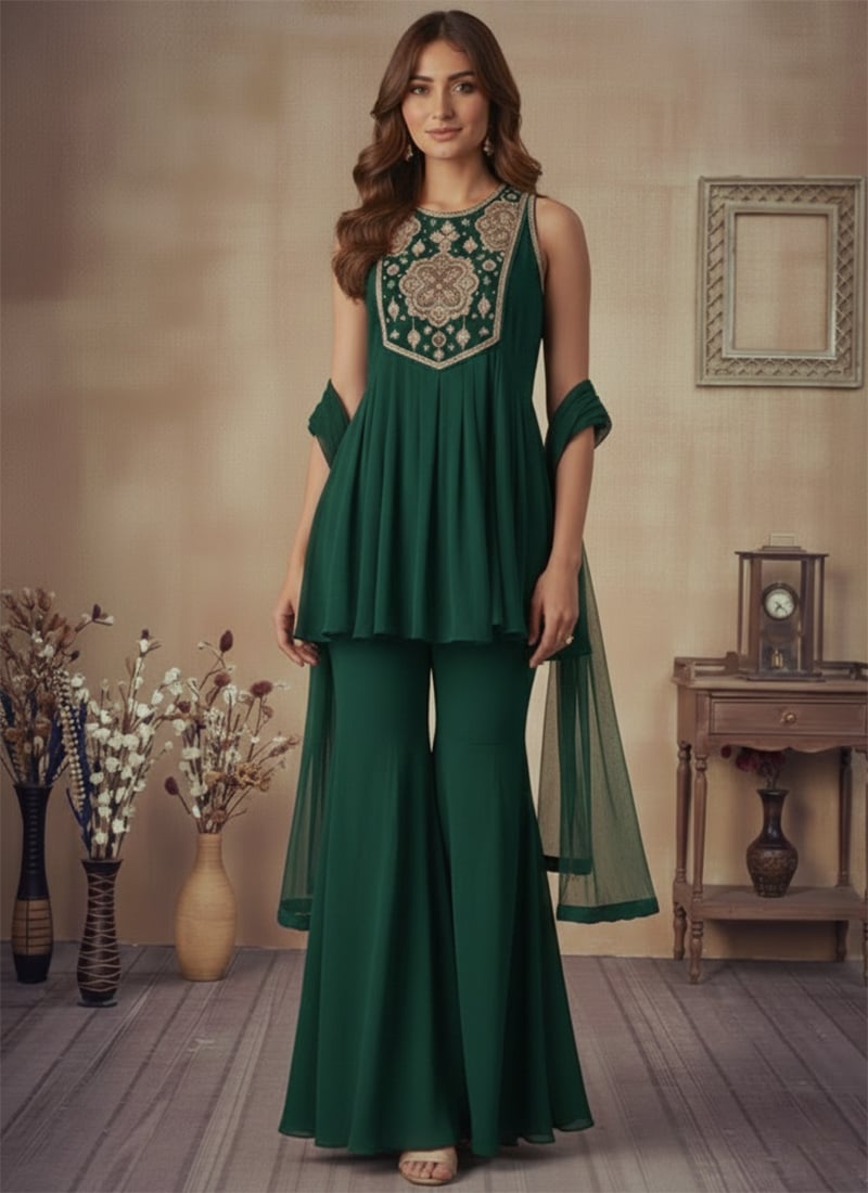 Green Georgette Sequins Zari Cutdana Hand Embroidered Palazzo Suit Festive Wear