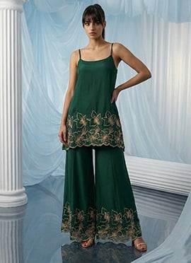 Green Georgette Sequins Zari Zardosi Hand Embroidered Indowestern Palazzo Set