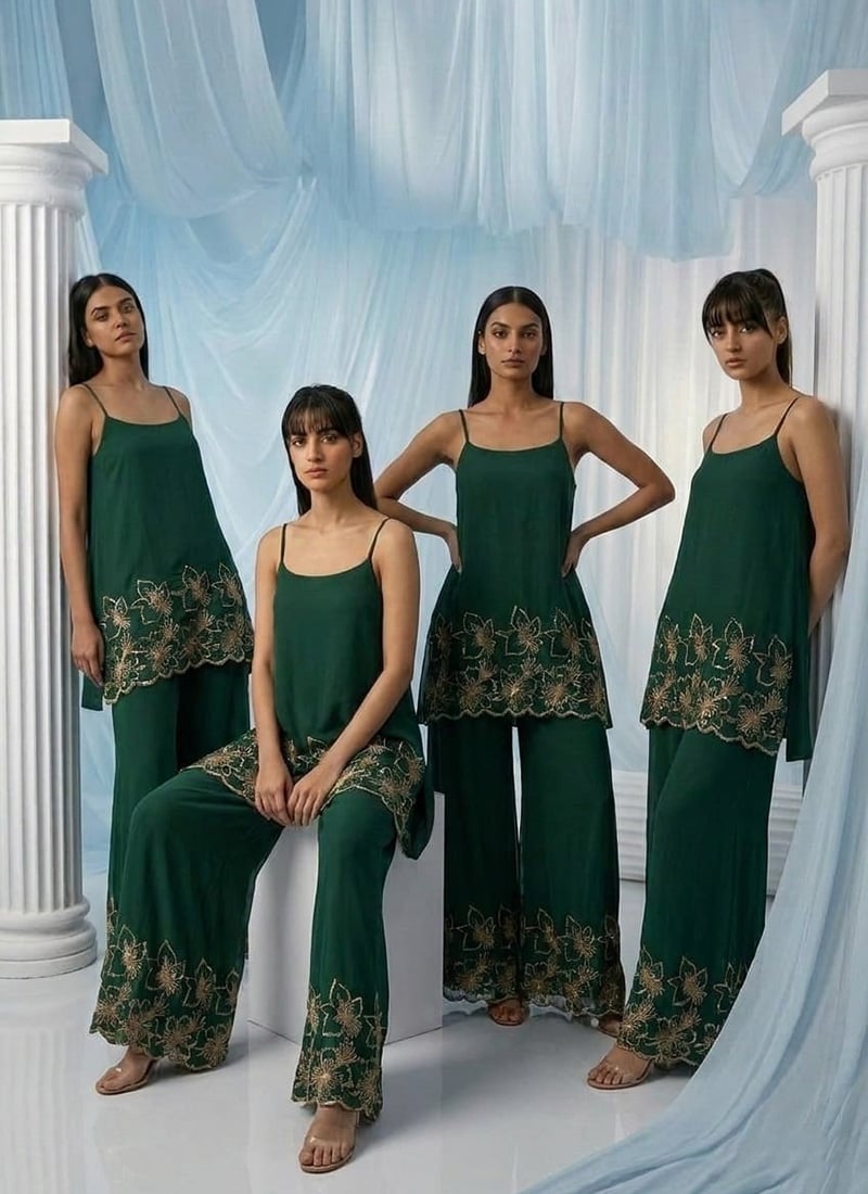 Green Georgette Sequins Zari Zardosi Hand Embroidered Indowestern Palazzo Set Wedding Wear