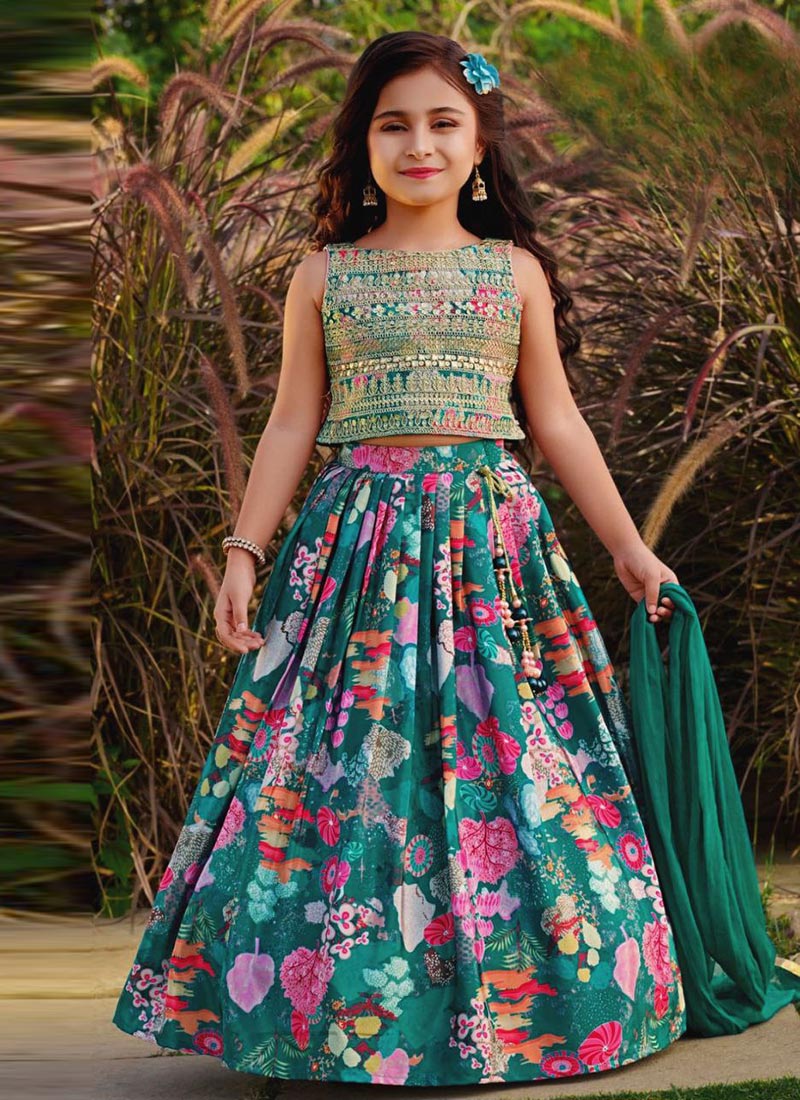 Green Georgette Silk Embroidery Digital Print Lehenga For Kids Girls Festive Wear