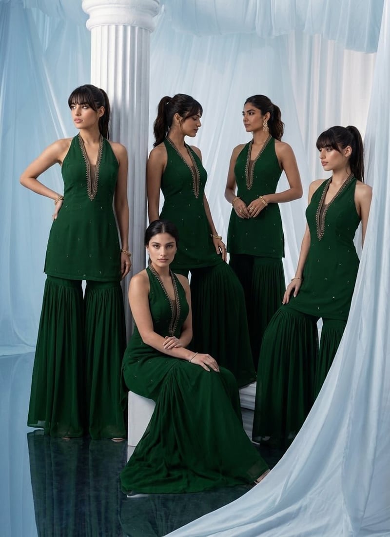 Green Georgette Stone Work Cut Dana Hand Embroidered Indowestern Co Ord Set Wedding Wear