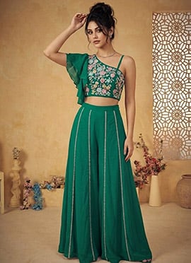 Green Georgette Stone Work Indowestern Palazzo Suit