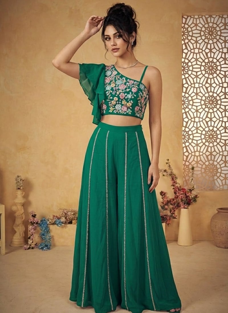 Green Georgette Stone Work Indowestern Palazzo Suit Wedding Wear