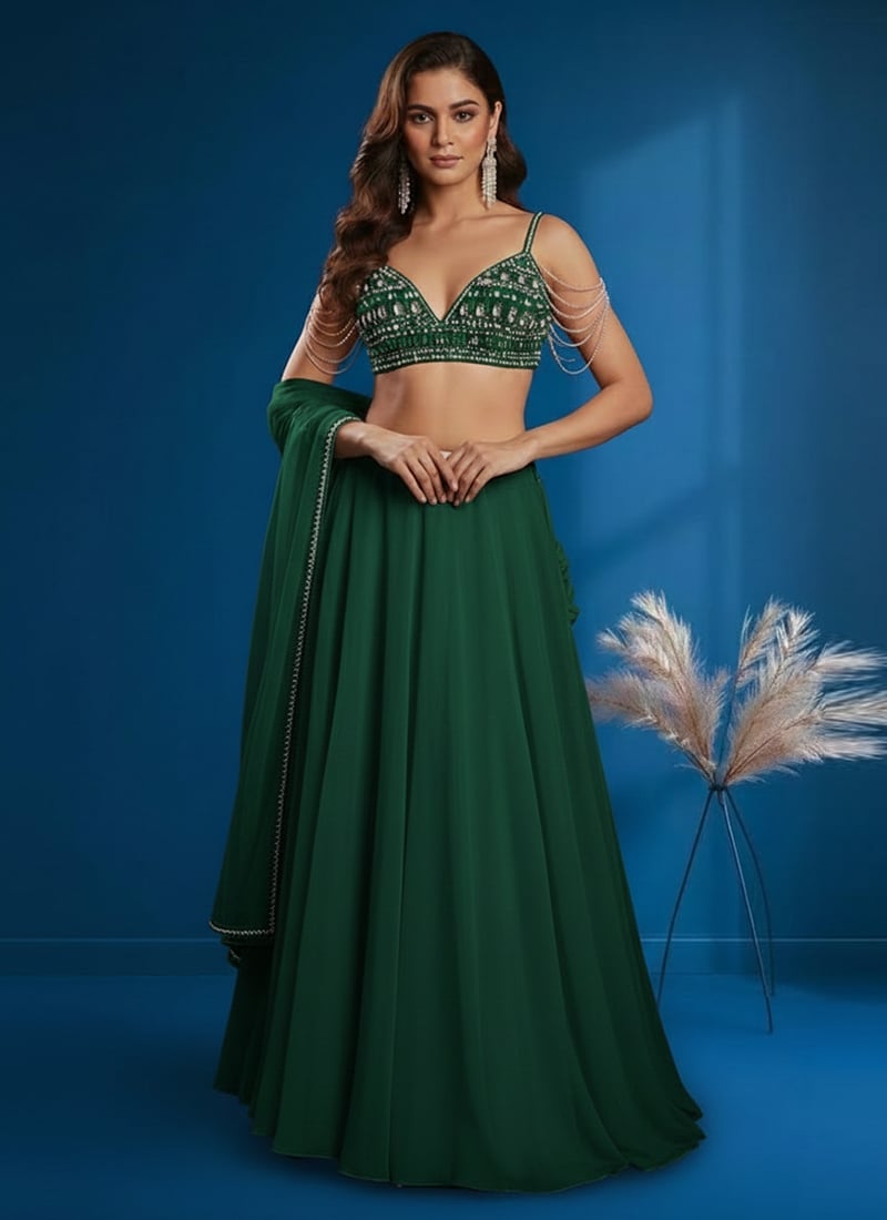 Green Georgette Stones Beads Hand Embroidered Lehenga Wedding Wear