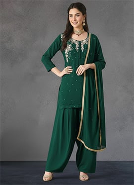 Green Georgette Stones Hand Embroidered Farshi Style Salwar Suit