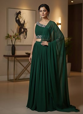Green Georgette Stones Hand Embroidered Lehenga