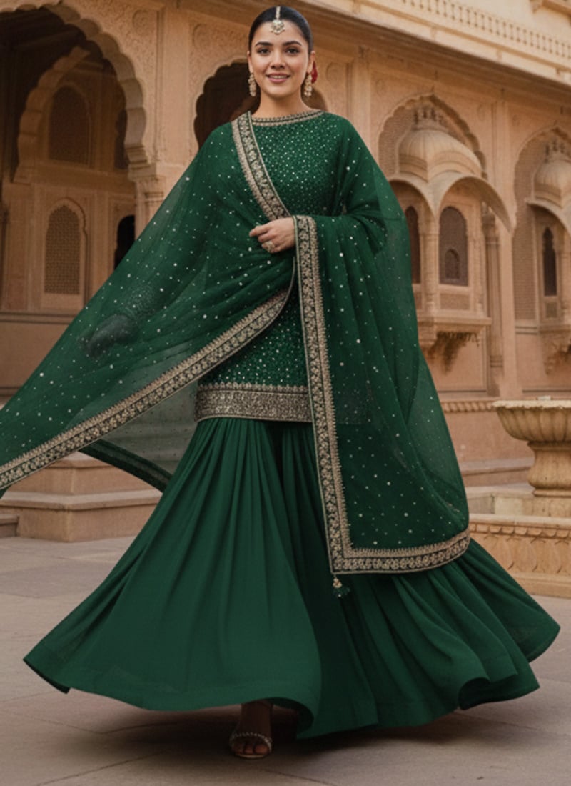 Green Georgette Stones Sharara Suit Festive Wear