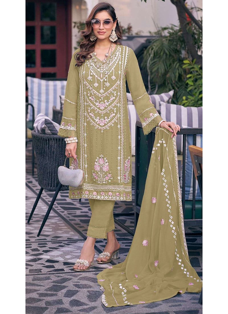 Green Georgette Straight Pant Suit With Dupatta And Embroidered Sequins Festive Wear