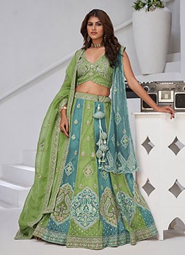 Green Georgette Tissue Zari Embroidered Sequins With Stone Work Lehenga