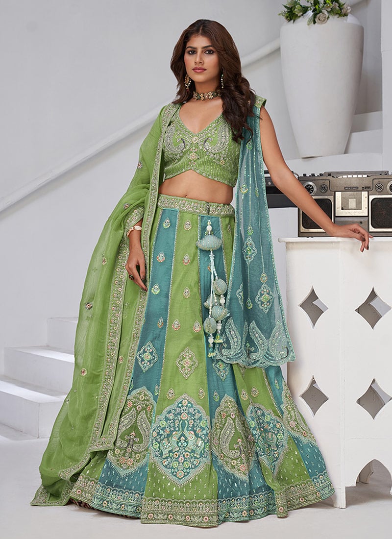 Green Georgette Tissue Zari Embroidered Sequins With Stone Work Lehenga
