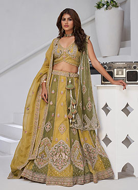 Green Georgette Tissue Zari Embroidered Sequins With Stone Work Lehenga  Wedding Wear
