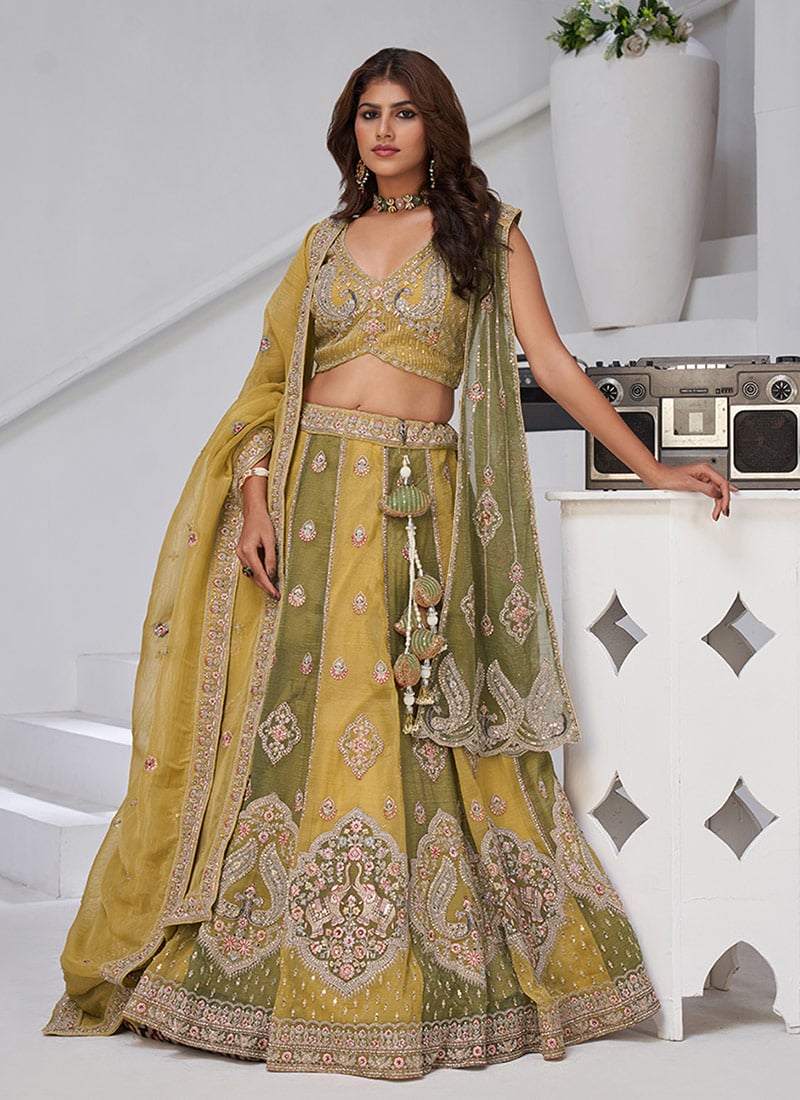 Green Georgette Tissue Zari Embroidered Sequins With Stone Work Lehenga  Wedding Wear