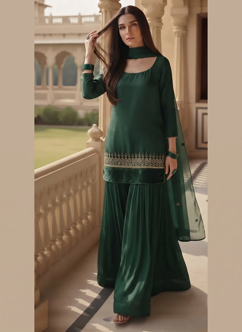 Green Georgette Zari Beads Hand Embroidered Sharara Suit Festive Wear After Six Wear
