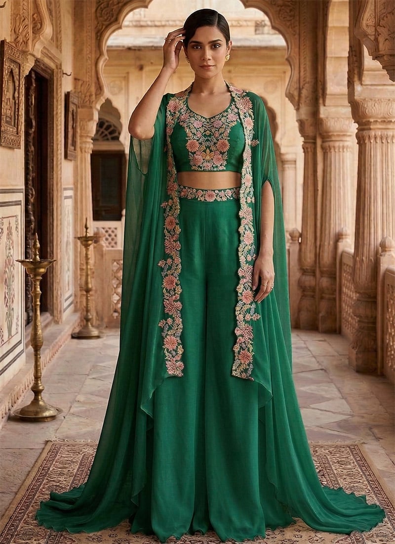 Green Georgette Zari Embroidered Indowestern Palazzo Set With Jacket Wedding Wear