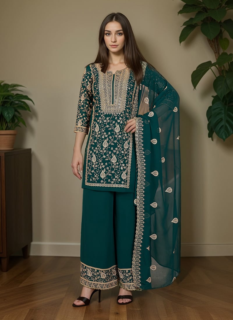 Green Georgette Zari Embroidered Sequins Elegant Palazzo Suit Festive Wear