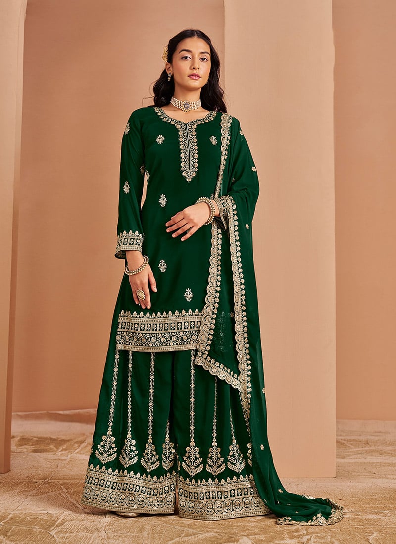 Green Georgette Zari Embroidered Sequins Elegant Palazzo Suit