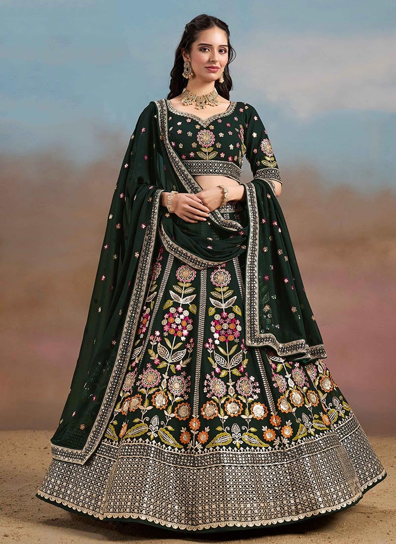 Green Georgette Zari Embroidered Sequins Lehenga Wedding Wear