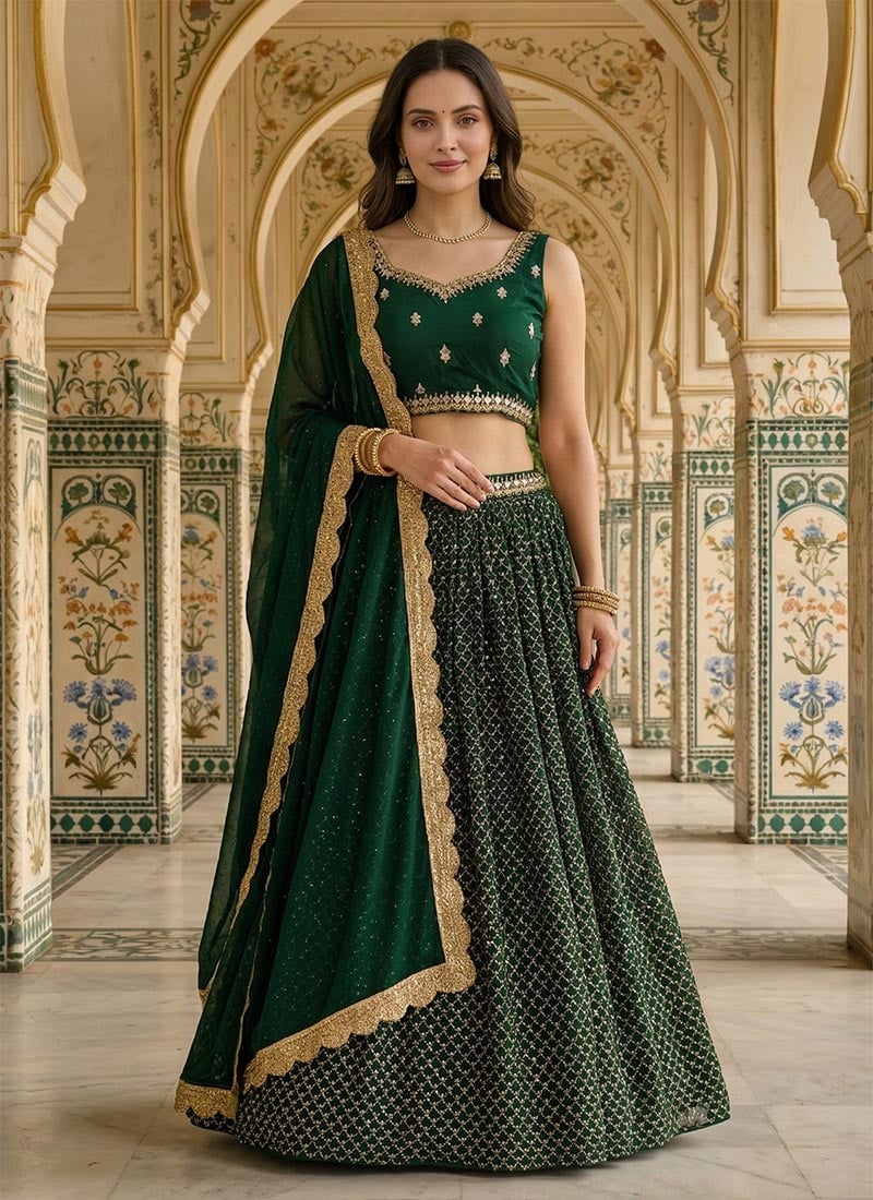 Green Georgette Zari Embroidered Sequins Lehenga Wedding Wear