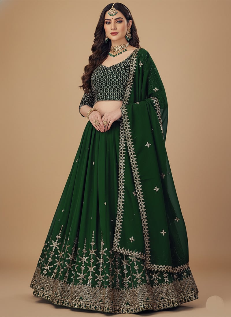 Green Georgette Zari Embroidered Sequins Lehenga Festive Wear
