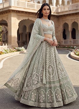 Green Georgette Zari Embroidered Sequins Lehenga