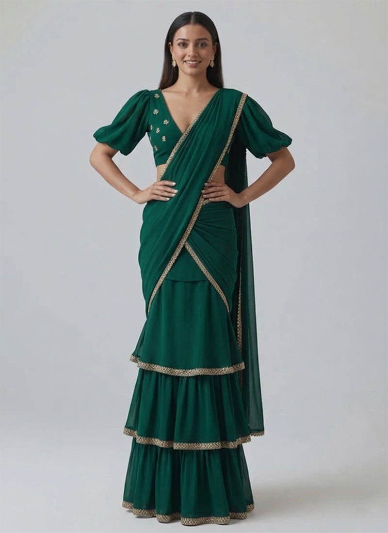 Green Georgette Zari Embroidered Sequins Lehenga Saree Festive Wear