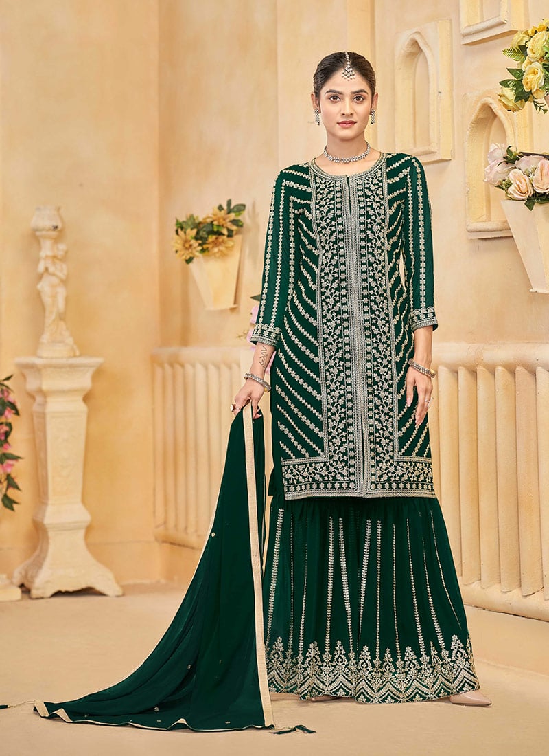 Green Georgette Zari Embroidered Sequins Pakistani Sharara Suit Festive Wear-SLSCC5681219A