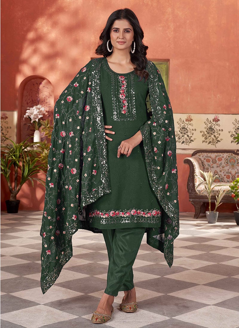 Green Georgette Zari Embroidered Sequins Straight Pant Suit Festive Wear