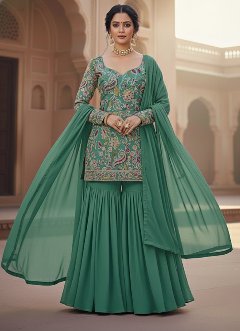 Green Georgette Zari Embroidered Sharara Suit