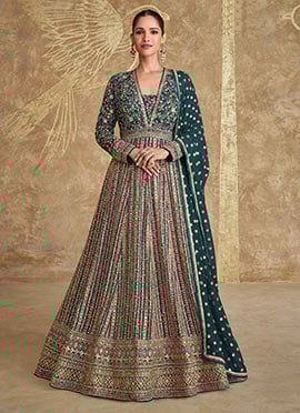 Green Georgette Zari Embroidered Stone Sequins A Line Stunning Anarkali Suit