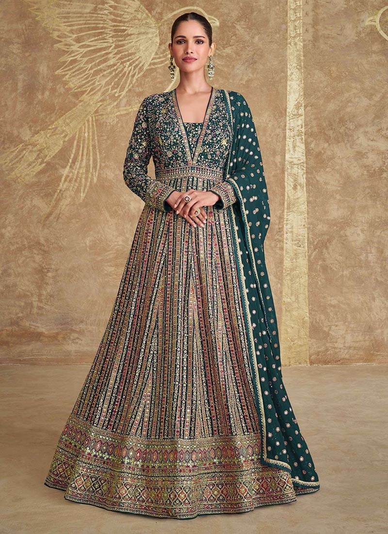 Green Georgette Zari Embroidered Stone Sequins A Line Stunning Anarkali Suit Wedding Wear