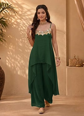 Green Georgette Zari Foil Mirror Embroidery Kurta Palazzo Set