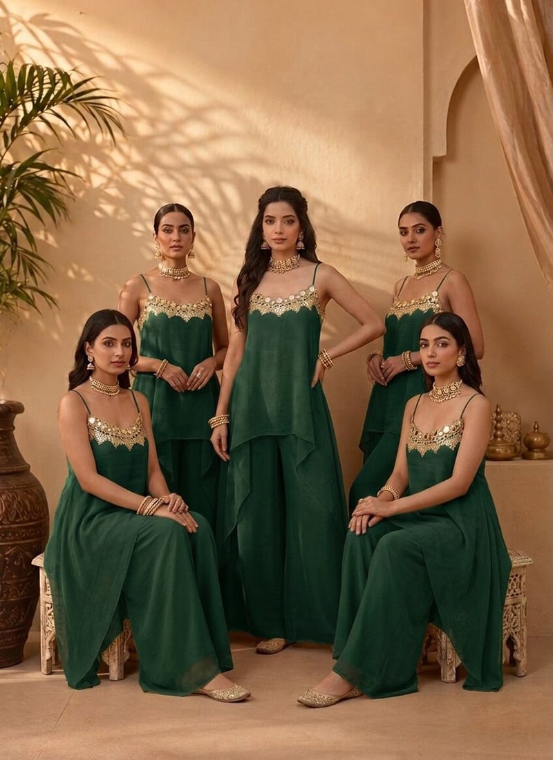 Green Georgette Zari Foil Mirror Embroidery Kurta Palazzo Set After Six Wear