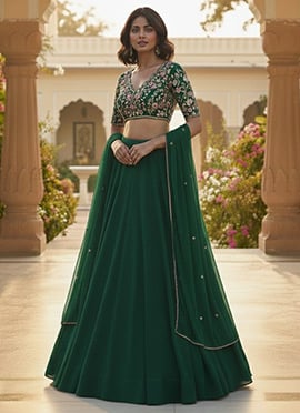 Green Georgette Zari Hand Embroidered And Stone Work Lehenga