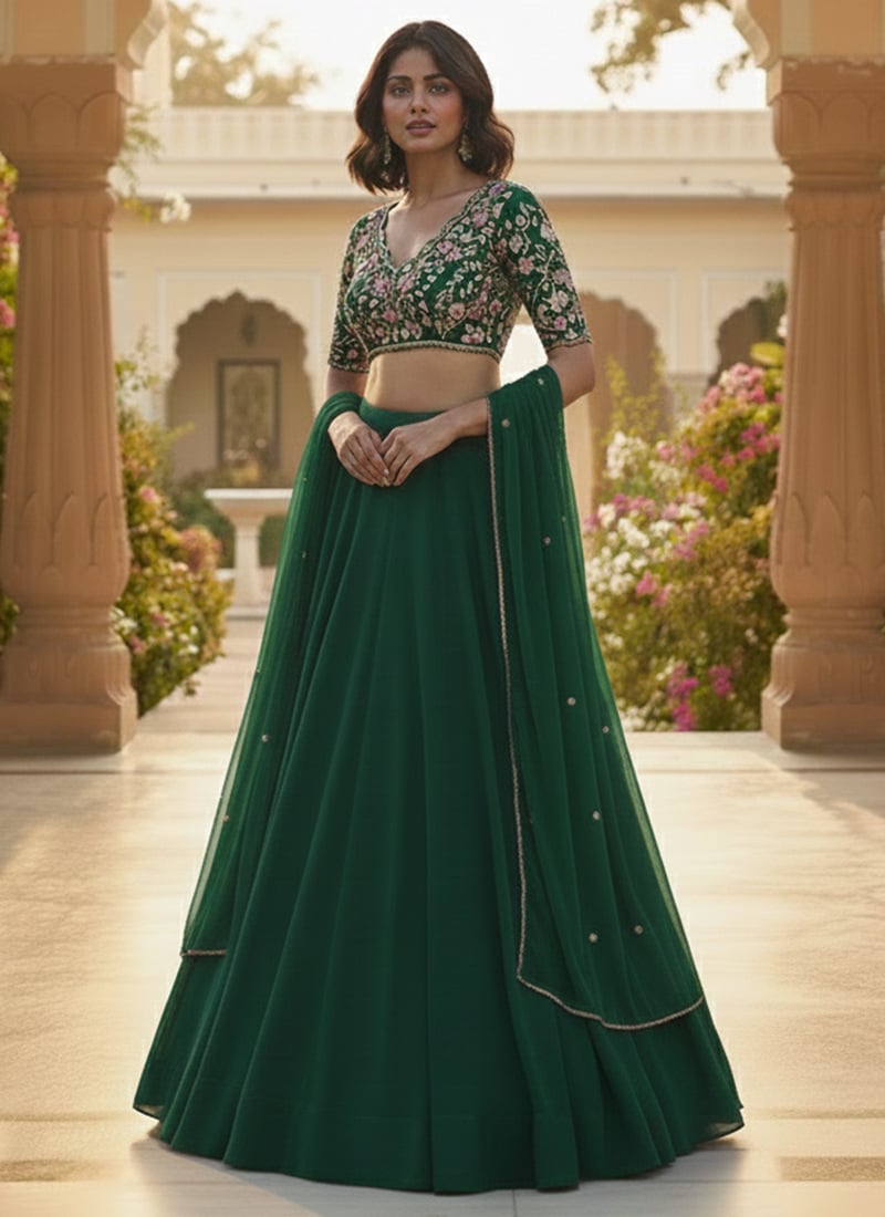 Green Georgette Zari Hand Embroidered And Stone Work Lehenga  Wedding Wear