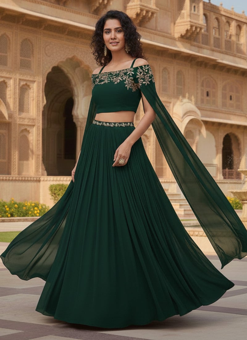 Green Georgette Zari Hand Embroidered Indowestern Skirt Set Wedding Wear