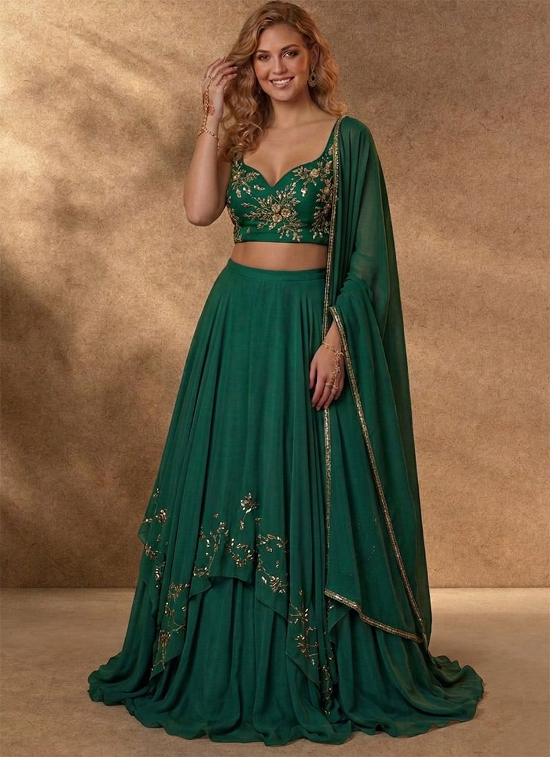 Green Georgette Zari Hand Embroidered Sequins Lehenga Wedding Wear