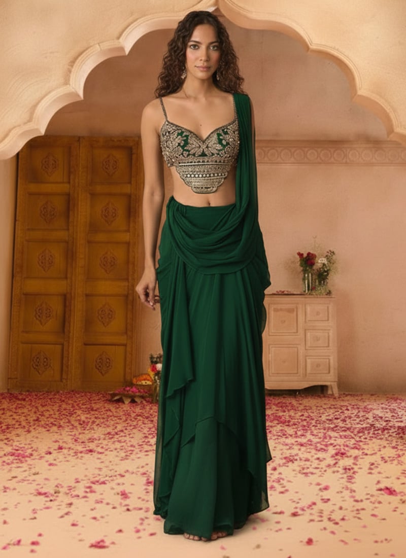 Green Georgette Zari Hand Embroidered Sequins Lehenga Wedding Wear