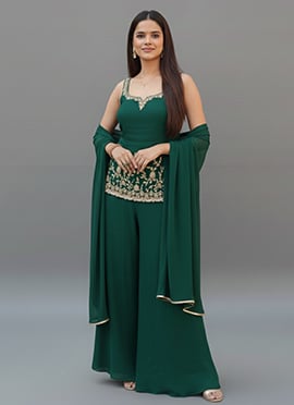Green Georgette Zari Hand Embroidered Sequins Palazzo Suit
