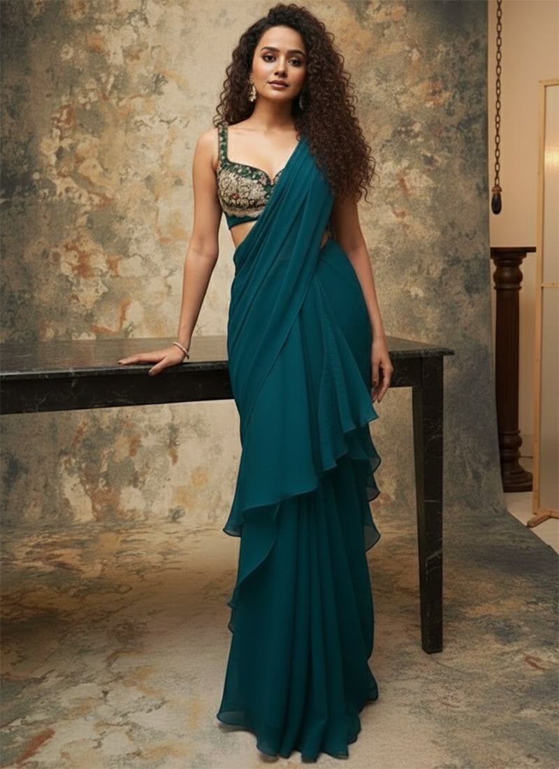 Green Georgette Zari Hand Embroidered Sequins Pre Draped Ruffle Saree Wedding Wear