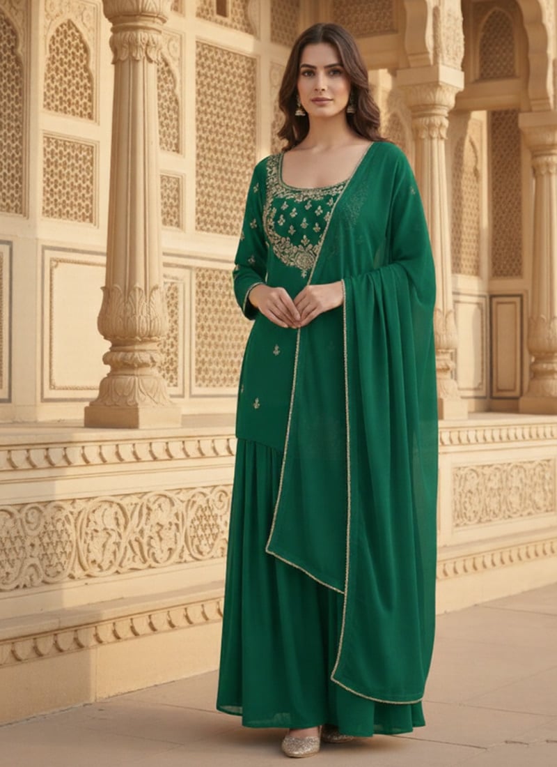 Green Georgette Zari Hand Embroidered Sharara Suit Wedding Wear