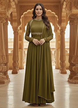 Green Georgette Zari Hand Embroidered With Beads Work A Line Anarkali Suit