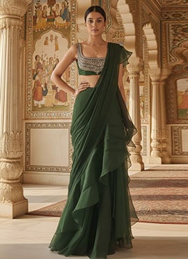 Green Georgette Zari Hand Embroidered With Mirror Work Ruffled Saree
