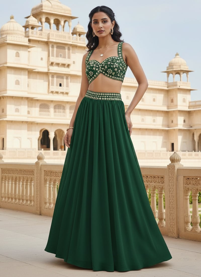 Green Georgette Zari Mirror With Hand Embroidered Sequins Lehenga Wedding Wear