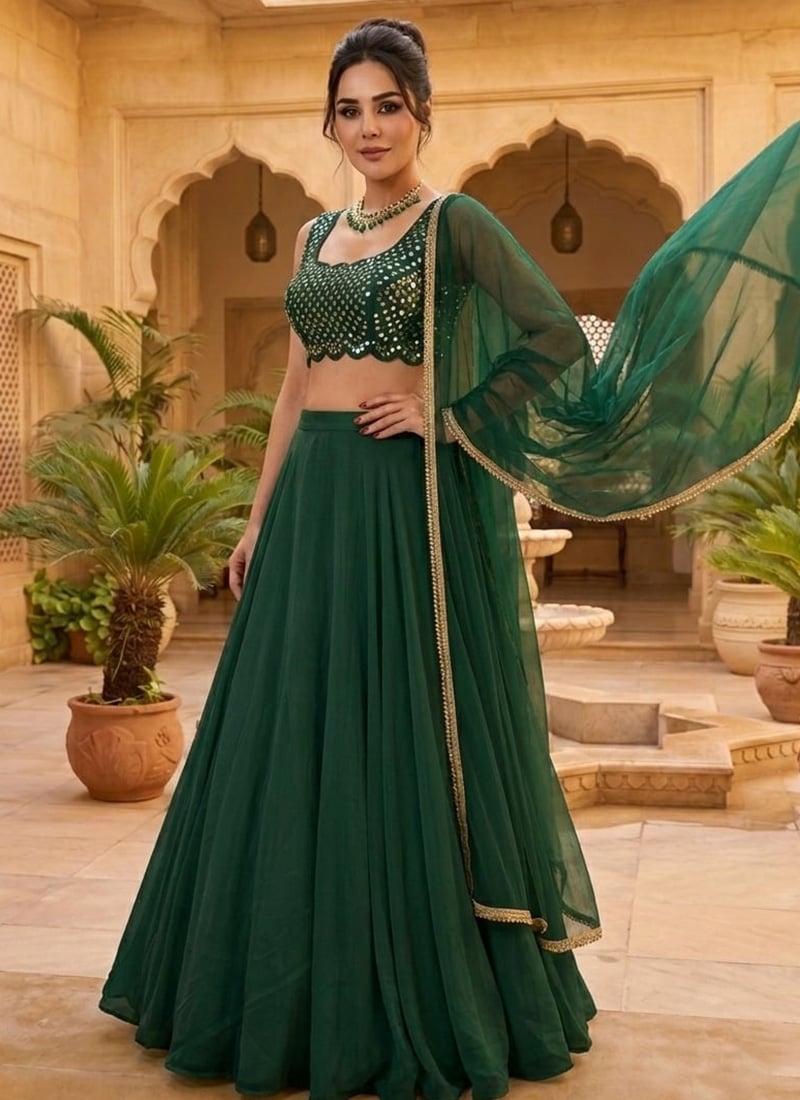 Green Georgette Zari Mirror Work Hand Embroidered Elegant Lehenga Wedding Wear