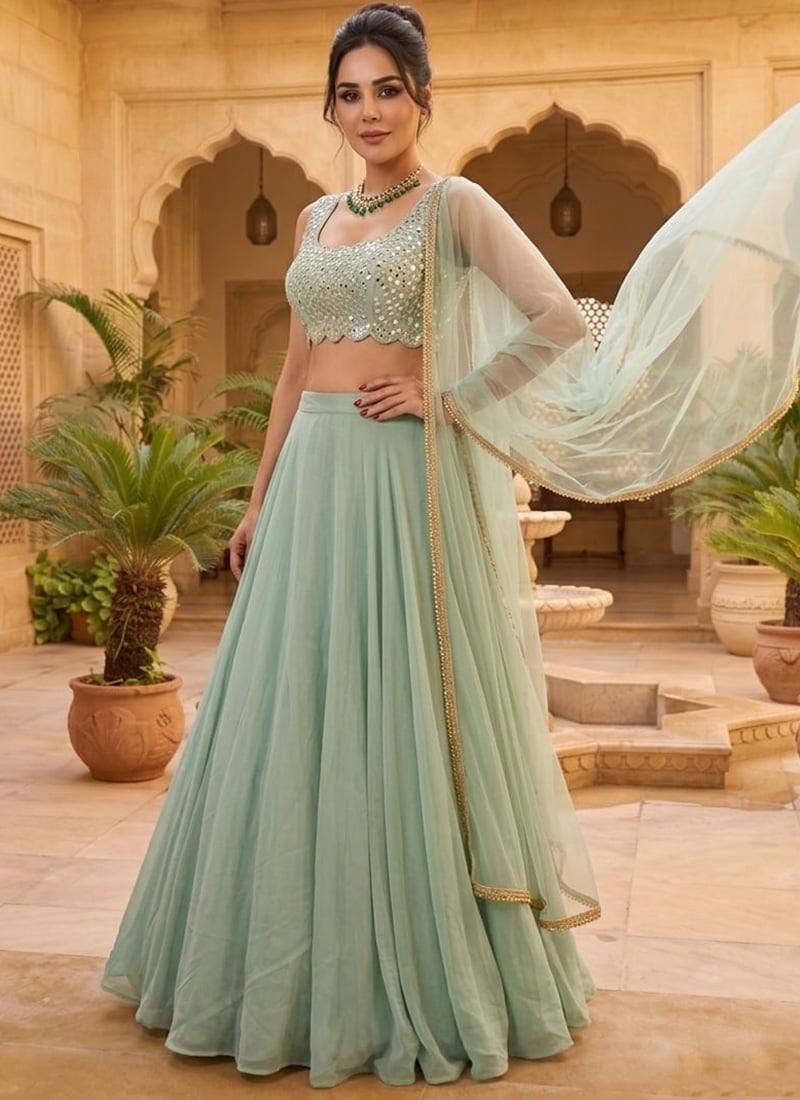 Green Georgette Zari Mirror Work Hand Embroidered Lehenga Wedding Wear
