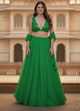 Green Georgette Zari Mirror Work Lehenga