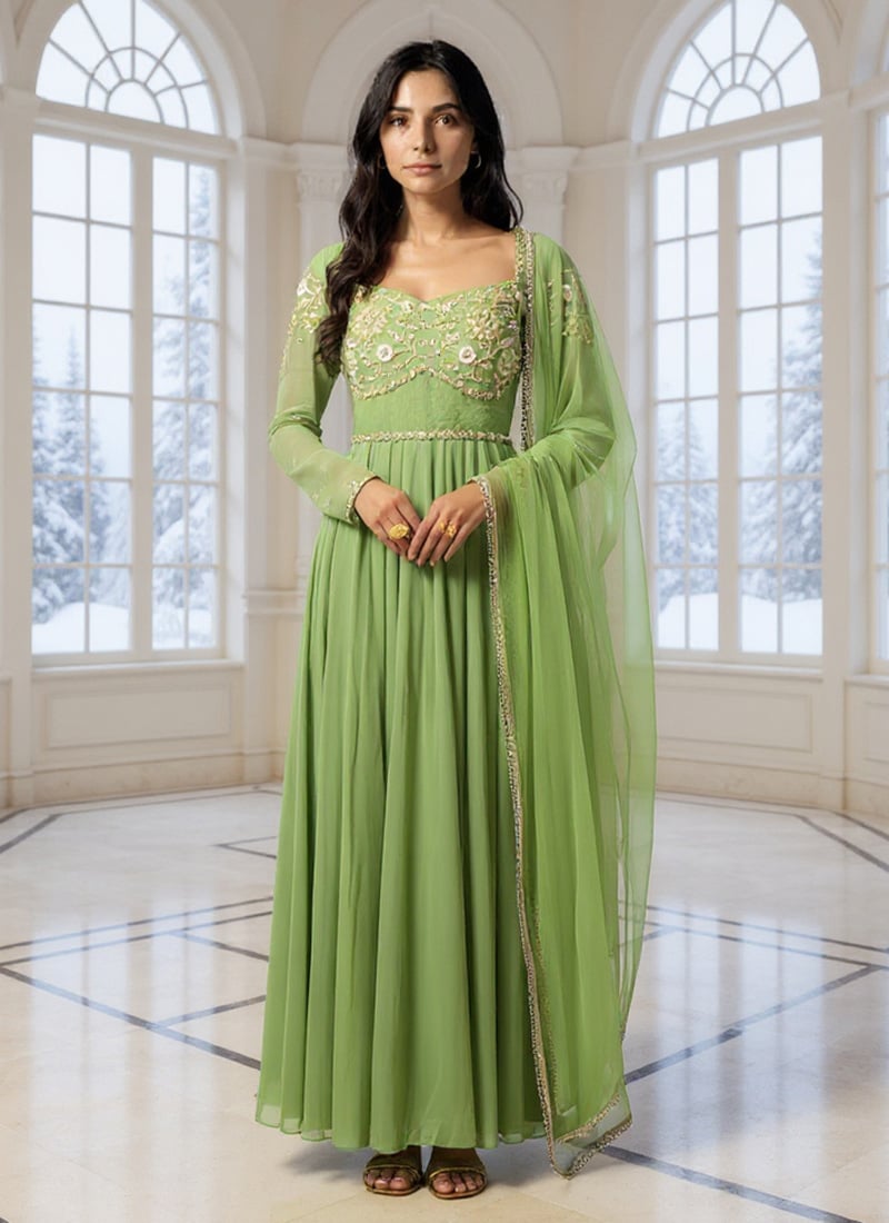 Green Georgette Zari Moti Hand Embroidered Anarkali Suit Festive Wear