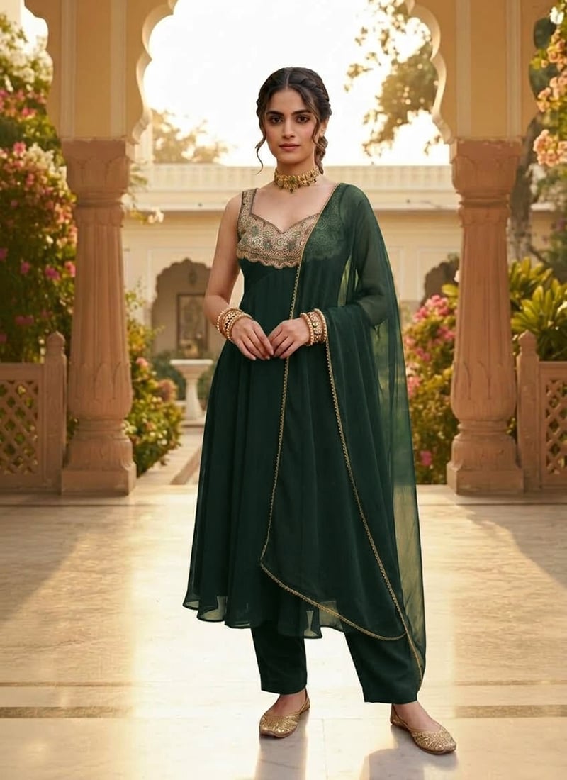 Green Georgette Zari Resham Anarkali Suit Festive Wear