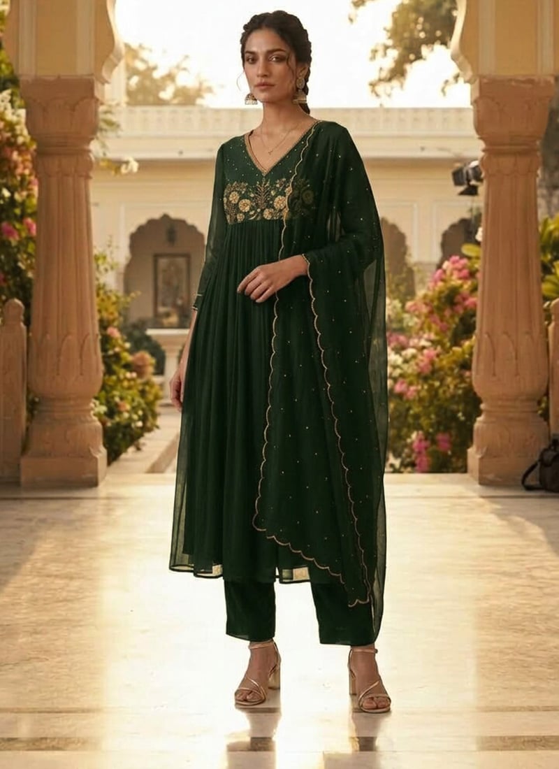 Green Georgette Zari Resham Embroidered Anarkali Suit Festive Wear
